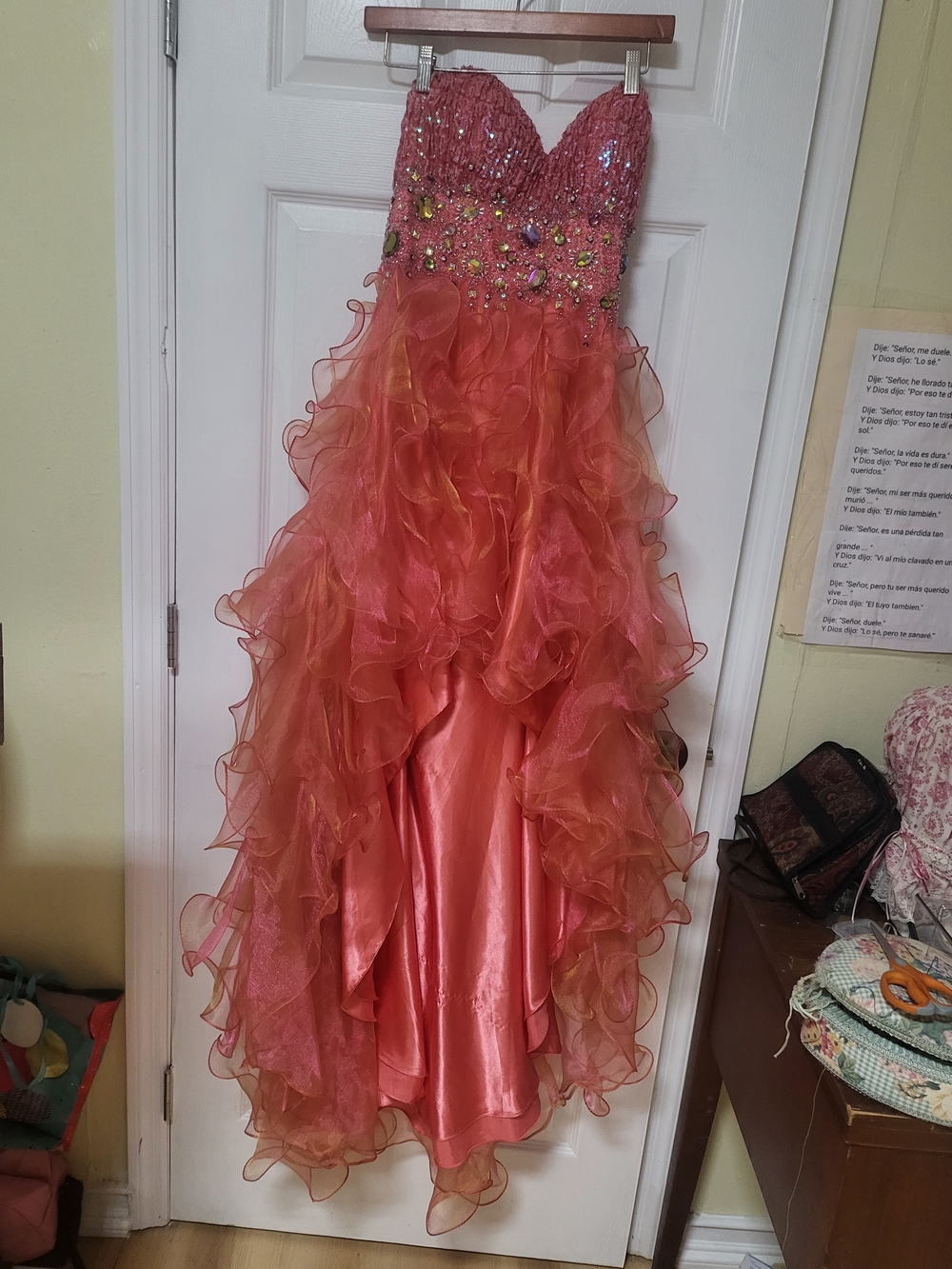 Fiesta Coral-Pink Strapless Ruffled Prom Dress with Beaded Bodice